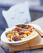 Penne with pumpkin and Cicit (goat sausage, Ticino)