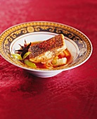 Fried sea bass with exotic spices on vegetables