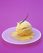 A scoop of pineapple ice cream on a slice of pineapple