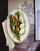 Smoked trout on herb salad with apple & goat's cheese balls