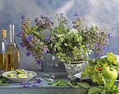 Still life with flowering borage and vegetables