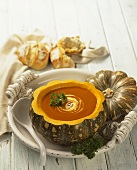 Squash Soup Served in a Squash Bowl; Bread