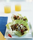 Fried mince with chilli and sprouts in lettuce leaves