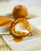 Deep-fried ice cream with caramel sauce