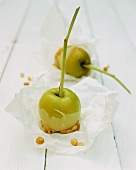 Apples on stalks with a white chocolate glaze and nuts
