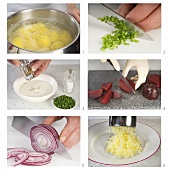 Preparing matjes herring fillet with potato snow & beetroot