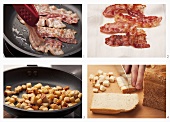 Rashers of bacon being fried and croutons being made