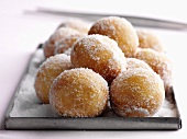 Sugared doughnuts on a baking tray