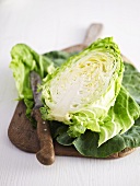 Half a pointed cabbage on a chopping board with a knife