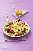 Salad with artichoke hearts, cherry peppers and onions with a garlic and mustard dressing