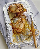 Bacon-wrapped quail with apricot jam