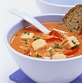 Pepper and cabbage soup with diced salmon