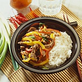 Stir-fried meat, peppers and spring onions