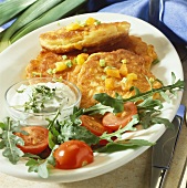 Vegetable burgers with herb quark and rocket salad