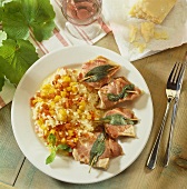 Pepper risotto with saltimbocca-style turkey steaks