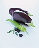 Aubergines, pointed pepper and black olives