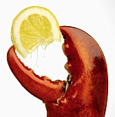 A wedge of lemon in a lobster claw