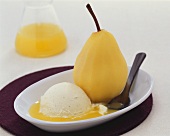 Pear in syrup with vanilla ice cream