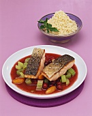 Salmon in fruity sauce with kumquats and cranberries