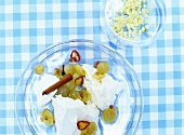 Fresh cheese with elderflowers and grapes