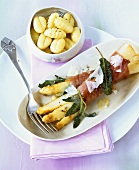 White asparagus with Parma ham, sage and Parmesan