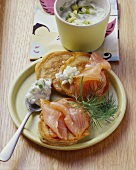Buckwheat pancakes with smoked salmon & horseradish sauce