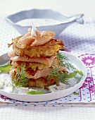 Potato and onion rosti with salmon trout and horseradish