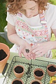 Young woman sowing flower seeds
