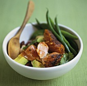 Fried salmon with avocado and green beans