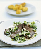 Boiled beef with asparagus vinaigrette and roast potatoes