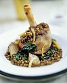 Lamb shank on Puy lentils with spinach and shallots