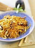 Stir-fried egg noodles with cabbage and shiitake mushrooms