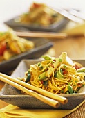 Stir-fried tofu and noodles with water chestnuts