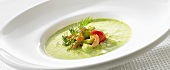 Cold cucumber soup with kefir, avocado and shrimps