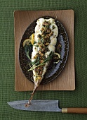 Oven-baked monkfish with walnut and herb crust