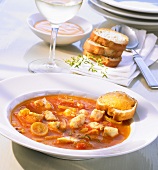 Bouillabaisse with toasted white bread and rouille
