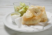 Tempura appetisers with mayonnaise & glass of cucumber salad