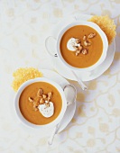 Two cups of sweet potato & chestnut soup, Parmesan wafers