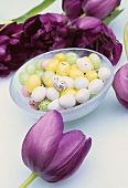 Pastel-coloured, candy-coated chocolate eggs, tulips