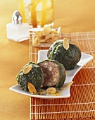 Spinach leaves stuffed with mince & sheep's cheese, almonds