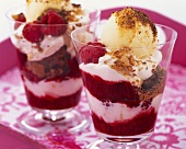 Ice cream sundae with raspberries, vanilla & chocolate ice cream
