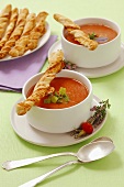 Tomato soup with homemade puff pastry sticks