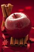 A red apple on cinnamon sticks