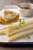 White asparagus with chervil and herb pancakes