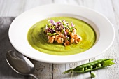 Pea soup with bean sprouts and salmon