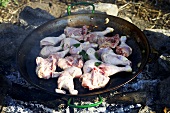 Chicken pieces in frying pan on campfire