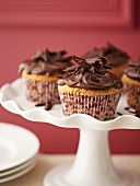 Several chocolate cupcakes on cake stand