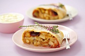 Apple and plum strudel with garnish of heather