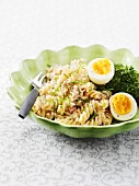 Fusilli with tuna, egg, broccoli and chives