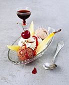 Pear split with cream and cherry